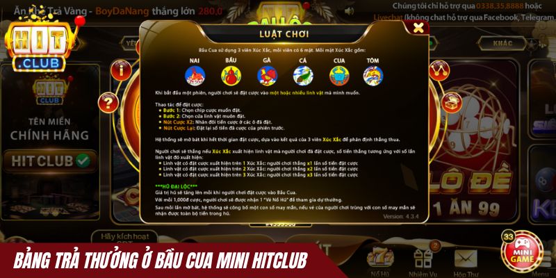 Bảng trả thưởng ở Bầu cua Mini Hitclub