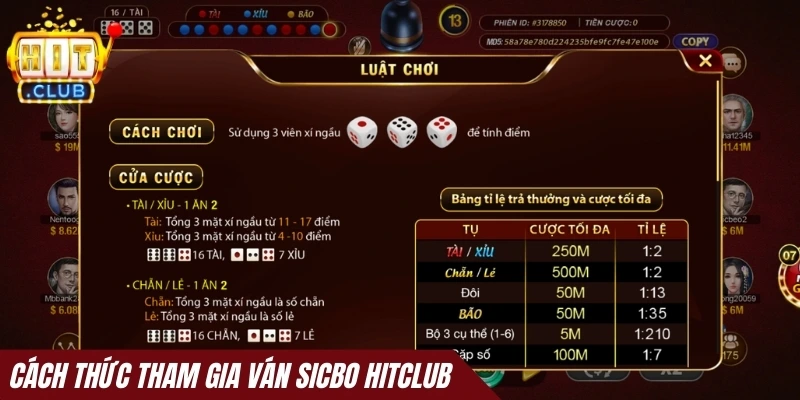 Cách thức tham gia ván Sicbo Hitclub